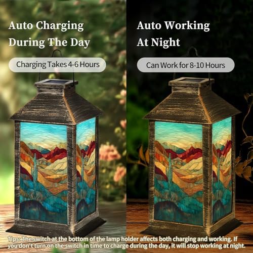 Solar Lantern Western Landscape Stained Glass Cactus Turquoise Outdoor Waterproof Garden Hanging Lantern Solar Powered Lighting Outside Table Lamp for Patio Deck Camping 1 Pack - Image 3