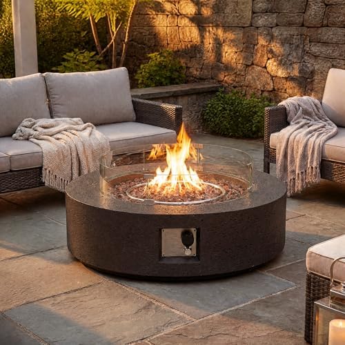 COSIEST 42 inch Outdoor Propane Fire Pit Coffee Table w Concrete Round Base Patio Heater, Certified, 50,000 BTU Stainless Steel Burner, Free Lava Rocks, Wind Guard, Rain Cover by COSIEST