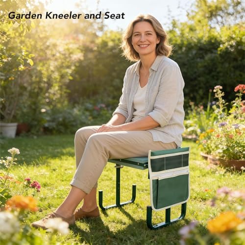 Garden Kneeler Seat with 2 Tool Pouches Height Adjustable Foldable Gardening Stool Bench for Kneeling and Sitting (Green) - Image 4
