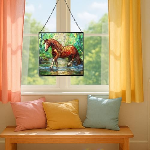 Chestnut Tennessee Walking Horse Stepping Through Shallow Creek Square Suncatcher – Stained Glass Style Window Panel with Scene, Custom Decorative Hanging Art for Equestrian Home, Christmas 9N2Zu1 - Image 5