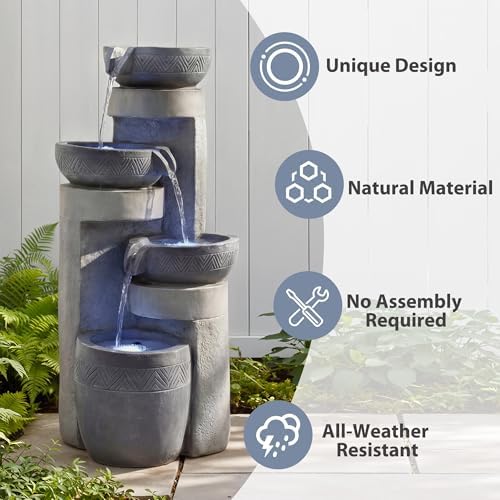 19.7" Tall Outdoor Water Fountain, 5 Tier Cascading Bowls and Stacked Water Fountain with LED Lights, for Yard Décor, Backyard, Patio and Deck (31.5'') - Image 4