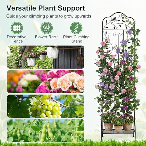 Giantex Metal Garden Trellis for Climbing Plants, 75" x 20" Outdoor Rose Trellis w/Foldable Bottom Shelf, Freestanding Plant Support for Vines, Flowers, Vegetables & Fruits, Patio Lawn Garden, Black - Image 2