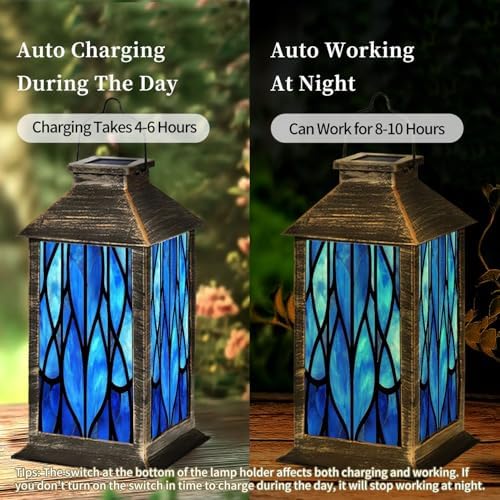 Solar Lantern Blue Stained Glass Window Seamless for Modern Design Luxury Outdoor Garden Hanging Lantern Waterproof Solar Powered Lighting Outside Table Lamp for Deck Yard Camping Patio Decor - Image 4