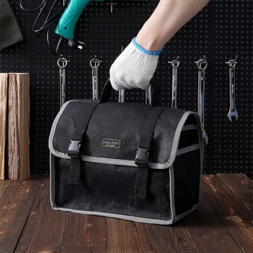 Tool Organizer Bag | 1 Large Pocket Storage Pouch & 2 Side Pockets & Canvas Handle, Heavy Duty 16oz Waxed Canvas Tote Bag, Reusable Tool Carrier for Hand Tools - 11.5"L x 6"W x 7.5"H - Black - Image 7