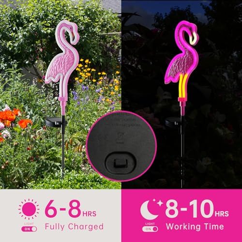 Flamingo Solar Lights Outdoor Decor, Solar Pink Flamingos Outdoor for Yard Decorations,Pink Neon Solar Flamingo Garden Lights for Outside,Pathways,Patio or Lawn Decor,Gifts for Mom(2Pack) - Image 3