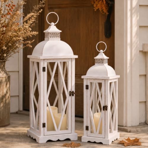 Perfnique Farmhouse Outdoor Lanterns for Patio, Set of 2 White Rustic Lanterns Decor, Vintage Hanging Candle Holder Decorative for Porch, Garden, Yard, Indoor (No Glass) by PERFNIQUE