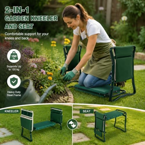 Garden Kneeler and Seat with Tool Pouches Foldable Gardening Stool Heavy Duty Steel Frame EVA Foam Pad Knee Protection for Outdoor Yard Lawn 60 x 28 x 49 cm - Image 2