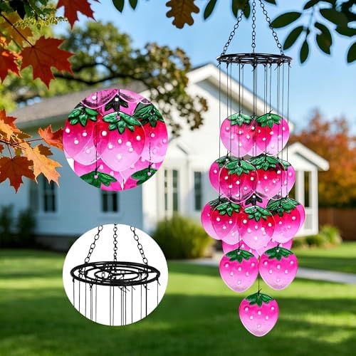 Glass Strawberry Wind Chimes - Hand-Painted Glass Strawberry Suncatcher for Window,Outdoor Garden Decor,Colorful Strawberry Ornaments Hanging Wall Art for Patio,Unique Memorial Gifts for Women & Mom - Image 5