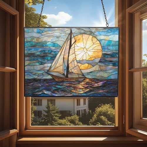 Stained Glass Window Hanging, Art Nouveau Horizon Sailboat Sun Catchers Glass Panel Rectangle Hangings Abstract Suncatcher Decor for Birthday for Women, Men, Wife, Aunt, and Mom 15"x11" - Image 4