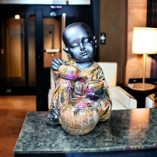 Vrinban International Resin Monk Fountain Table Top Indoor Outdoor Water Fall Fountain | Home Decor - 14" Inches - Image 3