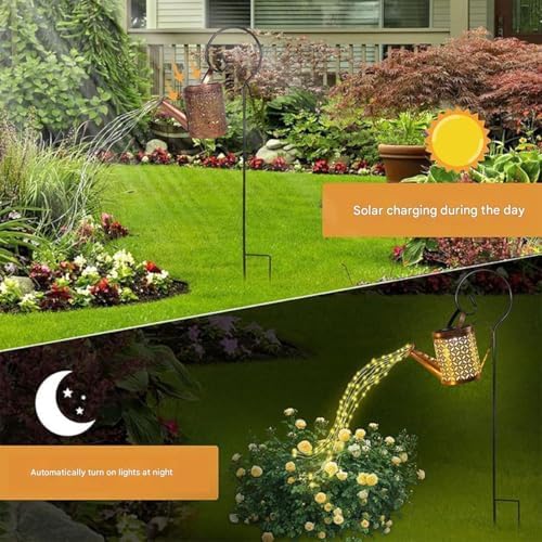 Outdoor Decorative LED Watering Can Light Stake, Copper Metal Garden Art with Star Pattern, Black Stand, Outdoor Solar Fountain - Image 3