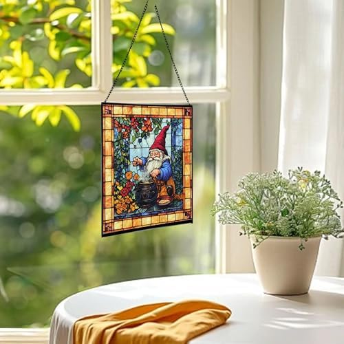 Gnome Making soap Stained Glass Suncatcher – Square Hanging Window Panel for Home, Garden, Nursery, Halloween, Christmas, Memorial Day – Whimsical Glass Art Gift for Gnome Lovers 7jdhqk - Image 3