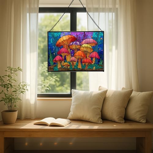 Rainbow-Colored Mushroom Cluster Rectangular Stained Glass Suncatcher – Hanging Window Panel with Animal & Nature Scene – Vibrant Glass Art Gift for Wildlife, Fantasy, Nature Lovers q1PtJt - Image 7