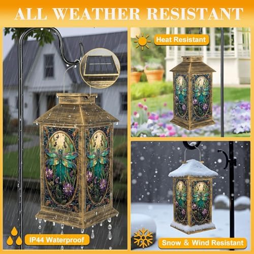Solar Lantern Outdoor Waterproof Stained Glass Dragonfly Vibrant Flowers Intricate Details Garden Decor LED Solar Lights Hanging/Tabletop Lamp Gifts for Women Mom for Outside Yard Patio - Image 3
