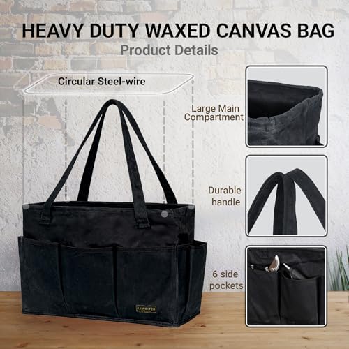 Tool Pouch, Heavy Duty 16oz Waxed Canvas Tool Bag, Rectangle Foldable Open Top Tool Bags with Handles, 10 Pockets | 15.5 x 7.5 x 10.5 Inches - Image 3