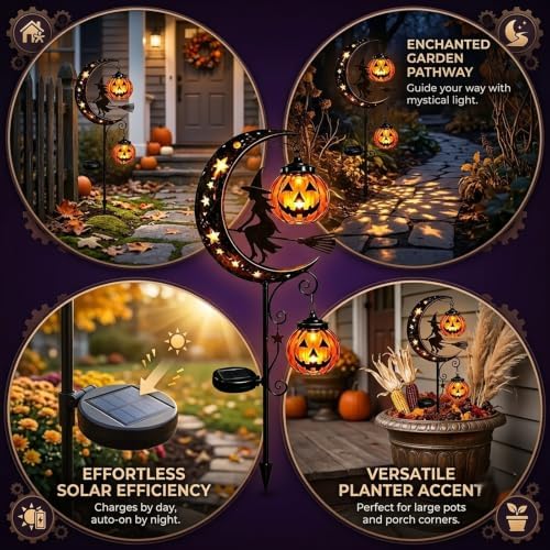 Solar Halloween Black Cat & Pumpkin Moon Garden Stake Light,2-in-1 Waterproof Outdoor LED Yard Decor with Hanging Lantern,Auto Dusk-to-Dawn Lawn Ornament for Pathway,Patio, Walkway (Black-J-2PCS) - Image 5