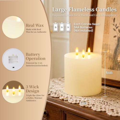 Amagic 3 Wick Extra Large Flameless Pillar Candles with Timer Remote, Ivory - Image 5