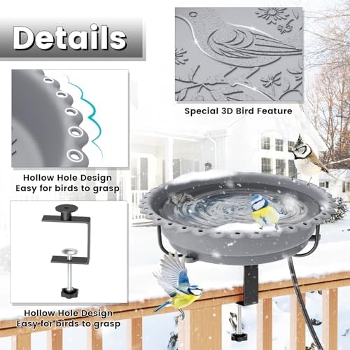 Heated Bird Bath for Outdoors,Deck Railing Heated BirdBaths,Grey - Image 2