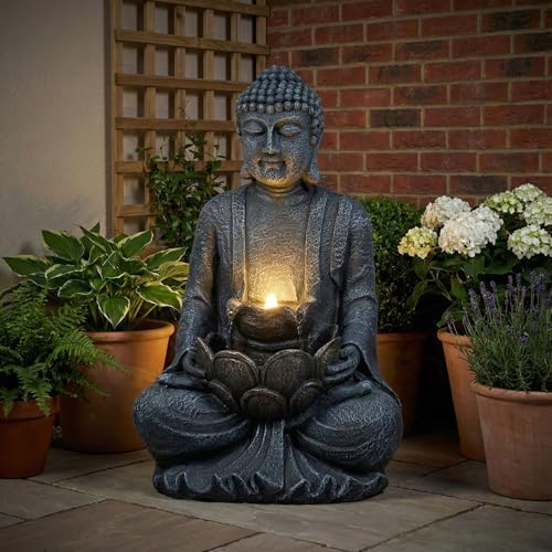 28'' Zen Buddha Water Fountain with LED Light and Pump, 2 Tier Polyresin Meditating Buddha Outdoor Fountain, Lighted Waterfall Statue for Garden Patio Backyard Indoor Decor by FammyLoft