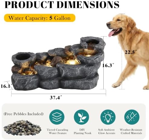 37.4" L Water Fountain Outdoor, 5-Tier Cascading Rock Waterfall, Gray - Image 2