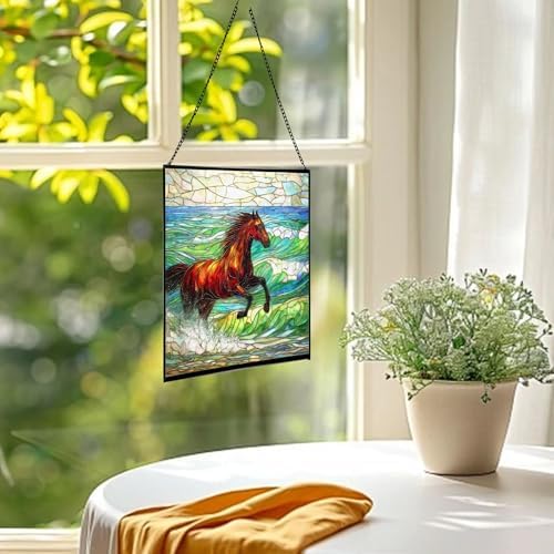 Dark Bay Thoroughbred Horse galloping along wind-cut shore Square Suncatcher – Stained Glass Style Window Panel with Pastoral Scene, Custom Decorative Hanging Art for Equestrian Home, Christmas EXx6QH - Image 3