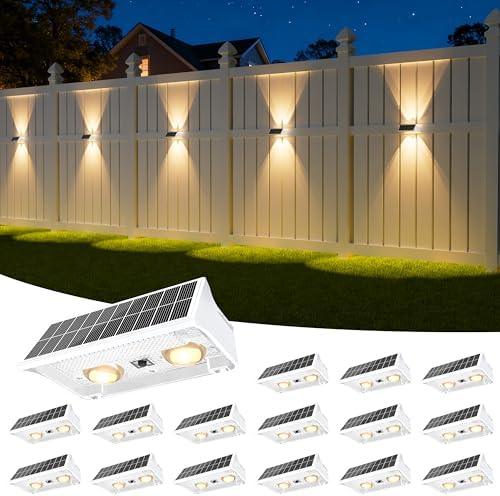 NIORSUN Solar Fence Lights Outdoor, 16 Pack Up and Down Waterproof Solar Wall Lights, Fence Lights with Lens, Warm & Cool White + RGB, Dusk to Dawn Lighting for Patio, Backyard, Pool, Railing (White) by NIORSUN