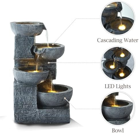 4 Tiered Waterfall Fountains, Outdoor Water Fountains with LED Lights, Garden Outside Brick Waterfalls, Modern Cascading Flow Fountain for Garden, Yard, Patio, Home Decor (Grey) - Image 6