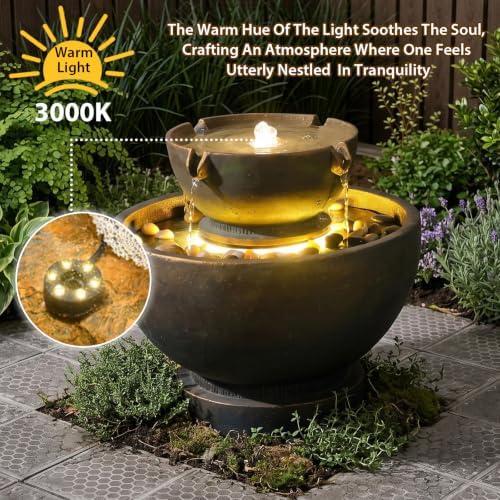 Sunlinua Small Modern Outdoor Water Fountain with Led Lights Tiered Cascading Waterfall Feature Water Fountain for Patio Garden Backyard Decking Home and Indoor Décor Gray - Image 3
