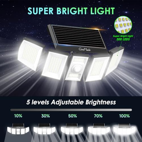 Solar Outdoor Flood Lights, 5-Head 300LED Motion Sensor Security Light, 270° Dusk to Dawn Waterproof Spotlights for wall Backyard Garage, Remote Control, 2 Pack - Image 3