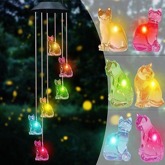 Hummingbird Solar Wind Chimes for Outside - Color Changing LED Outdoor Solar Lights Waterproof Windchimes, Home Garden Patio Yard Porch Decoration (Cat) - Image 3