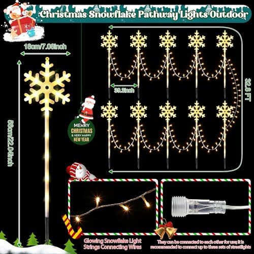 10 Pcs Christmas Snowflake Pathway Stake Lights for Outdoor Yard, 370 Bright LEDs Waterproof Large Christmas Snowflake Light Decoration for Garden Lawn Driveway Walkway Decor (Warm White) - Image 2