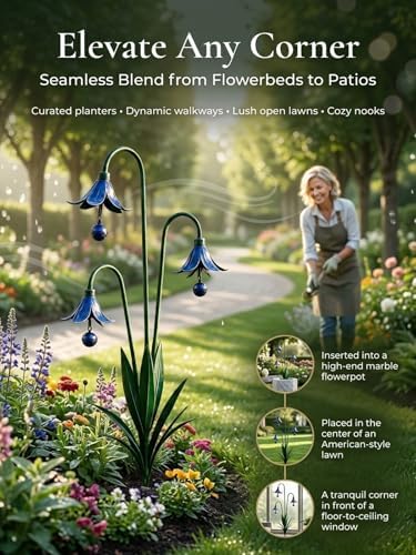 2026 New Triple Bluebell Garden Stake with Bells, Handmade 26inch Metal Rain Chimes Flower Plant Sculpture Yard Decorations Outdoor Rustic Wind Chime Ornament Gift for Walkways Patios Lawn - Image 3