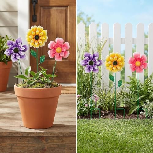 3pcs 18inch Metal Flower Decorative Garden Stakes & Wind Spinner for Outdoor, Colorful Yard Art Garden Decorations for Outside Lawn Porch Pathway Patio. - Image 6