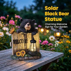 Garden Black Bear Welcome Sign with Solar Lantern, Decorative Outdoor Statue for Porch, Patio or Garden with Butterfly and Sunflowers - Image 2