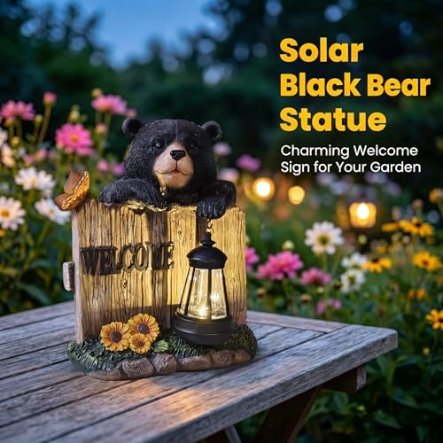 Garden Black Bear Welcome Sign with Solar Lantern, Decorative Outdoor Statue for Porch, Patio or Garden with Butterfly and Sunflowers - Image 2