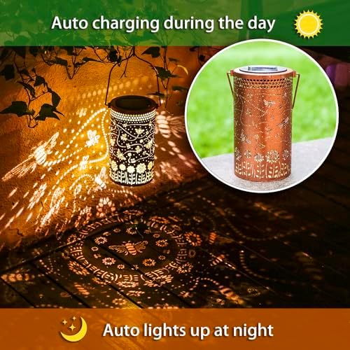 2 Pack Bee Outdoor Solar Hanging Lanterns Waterproof LED Solar Lights Metal Decorative Lanterns for Garden, Patio, Courtyard, Backyard, Yard Decor Unique Bee Gifts for Women Gardening - Image 5