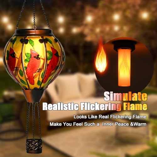 Hot Air Balloon Solar Lantern - Large Cardinal Bird Glass Lantern, Simulated Flickering & Dancing Flame, Big Outdoor Hanging Yard Light Waterproof IP65 for Patio Lawn Porch Decor Gift - Image 2