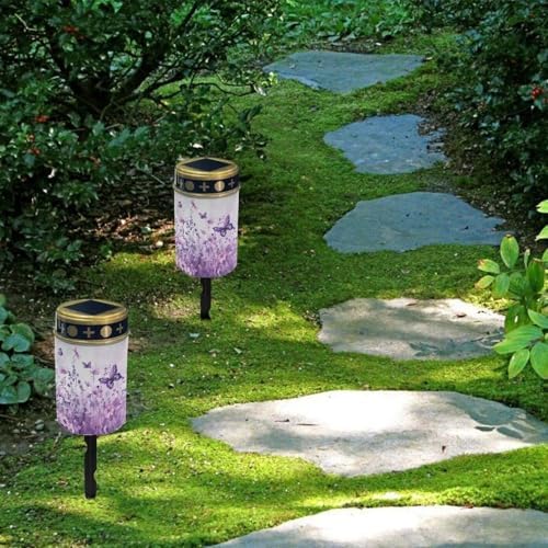 Poceacles Solar Grave Lights for Cemetery Outdoor Waterproof Grave Decorations LED Flameless Candles Outdoor Solar Lights Solar Lamp for Cemetery Path Lawn Yard, Purple Butterfly Floral, Pack of 2 - Image 4