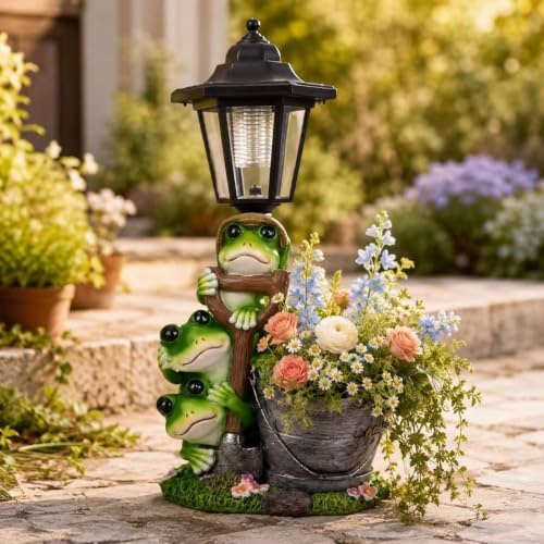 Solar-Powered Frog Outdoor Statue with Planter & Solar Lantern by Unknown