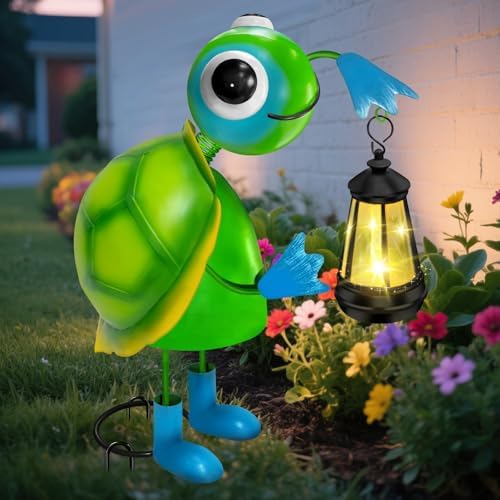 Solar Garden Lights 13.78in Metal Turtle Statue with Solar Lantern Lights - Image 2