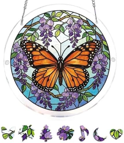 Monarch Butterfly Puzzle Acrylic Suncatcher Size 8 inches, Garden Floral Sun Catchers, Memorial Window Hanging Ornaments, Stained Glass Effect Decor for Puzzle Lover by GIKZO