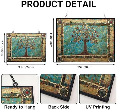 Customized Rectangle Tree of Life Stained Glass Window Hanging Sun Catcher Halloween Haning Ornament Decoration Christmas Birthday Gifts for Lover Friends Mother - Image 3