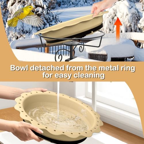 Heated Bird Bath for Deck Railing, 100W Heated Birdbath for Outdoors, Khaki - Image 4