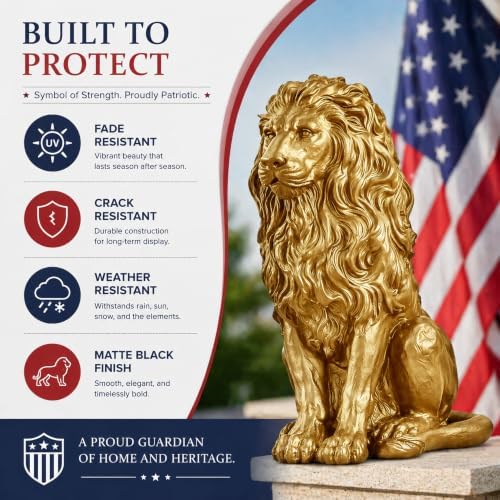 24" Gold Lion Statue Outdoor Decor, Resin Sitting Lion Sculpture, Majestic Guardian Animal Figurine for Garden, Patio, Porch, Entryway, Courtyard, Lawn & Indoor Home Decoration - Image 6