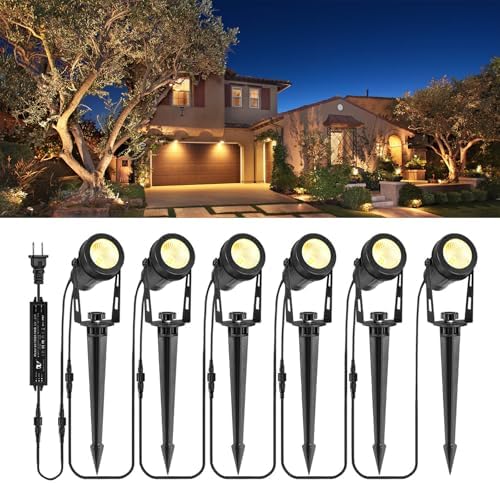Low Voltage Landscape Lights 6 Pack, 69ft Cable Spotlight Outdoor with 12V Transformer, IP65 Waterproof Plug in Spot Lights 2700K Warm White for Yard, Plant, Lawn, Tree, Flags, Garden by GreenClick