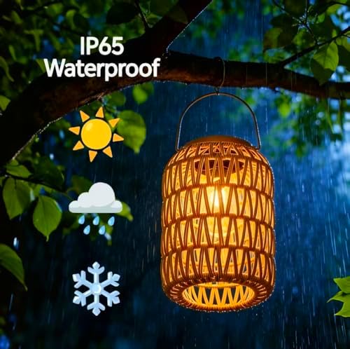 Cooo 2 Pack Rattan Solar Hanging Lanterns Waterproof Outdoor Edison Bulb - Image 3
