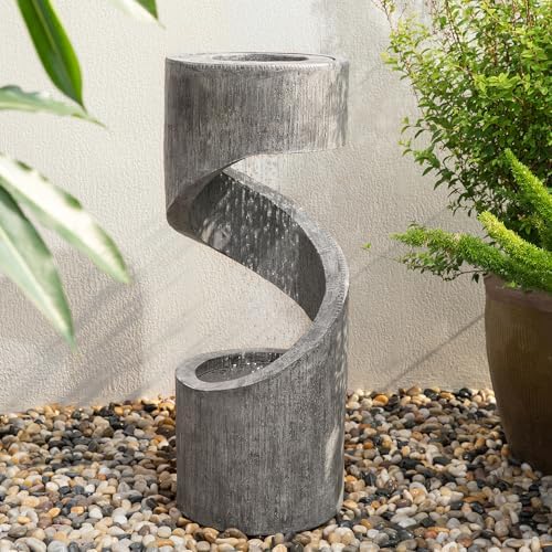 Glitzhome Outdoor Fountain with LED Light, Spiral Water Fountain Outdoor with Stone Planter, Modern Curved Waterfall Fountains Water Feature for Garden Patio, 31.3”H by Glitzhome