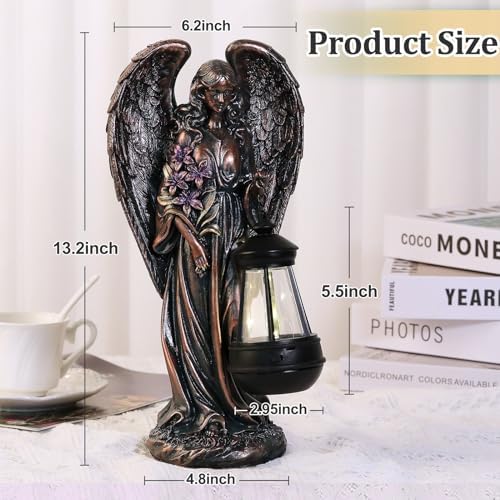 VChymm Solar Angel Outdoor Garden Decor Statues – 13.2 inches Solar Outdoor Sculptures for Outside Yard Art Patio Balcony Front Lawn Ornaments Gifts for Mom Grandma Women（Bronze） - Image 3