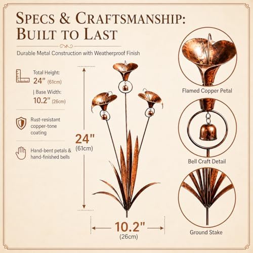 2026 Flamed Copper Three Calla Lilies Garden Stake with Bells, Handmade Metal Flower Rain Catcher Yard Art Decor, Weatherproof Rustic Wind Chime Outdoor Sculpture for Patio Lawn and Pathway Gift - Image 4
