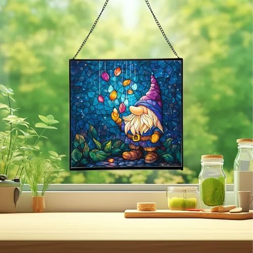 Rain Petal Gnome Stained Glass Suncatcher – Square Hanging Window Panel for Home or Greenhouse – Whimsical Glass Art Gift for Garden Lovers, Christmas, Halloween, Father Days El46GY - Image 2